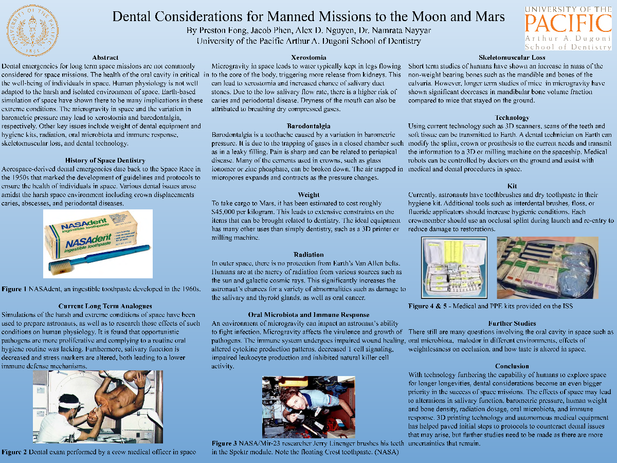 Dental Considerations for Manned Missions to the Moon and Mars